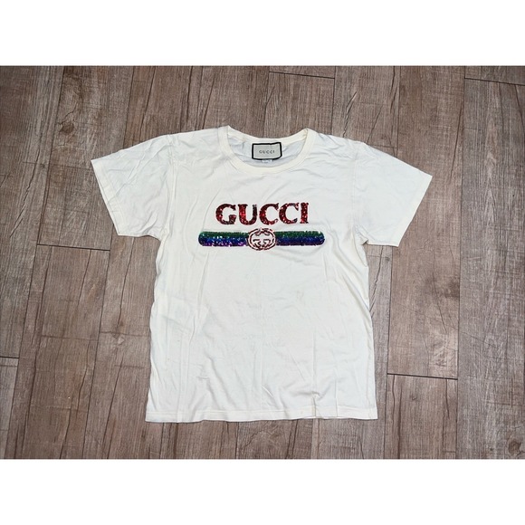 Gucci Cream Logo Sequin Embellished Oversize T-Shirt XS